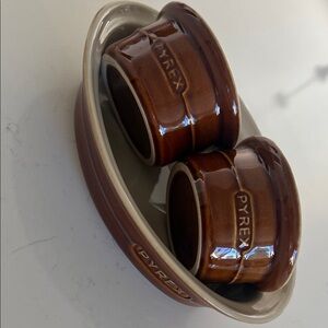 Pyrex Brown and Cream Ramekins with Oval Dish